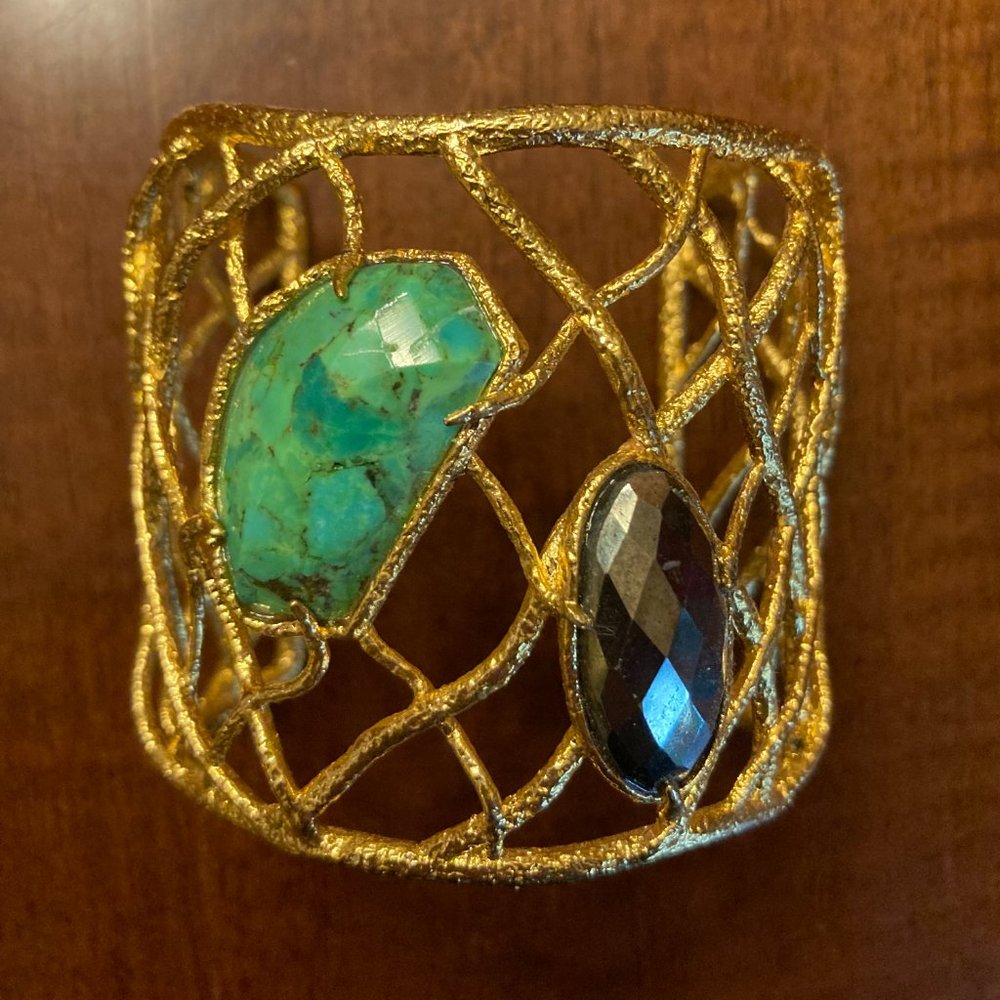 $295 Alexis Bittar 2 stone Mojave turquoise Gold woven Cuff bracelet